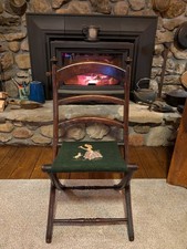 Antique Wooden Folding Chair. Beautiful Tapestry  Seat