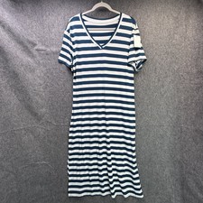 Women's Navy White Striped V Neck Midi Dress Size L Polyester