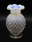 Vintage Fenton Glass White Opalescent Hobnail Ruffled Edge Mine Bud Vase 4"