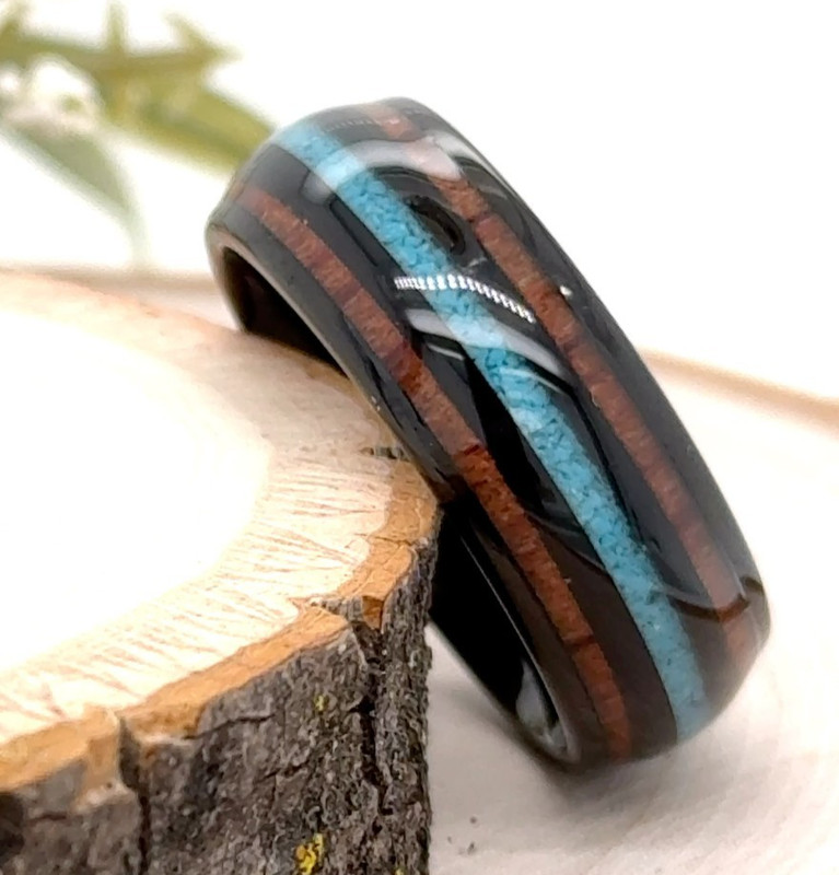 Polished 8mm Black Tungsten Wedding Ring Koa Wood & turquoise Inlay Unisex Band