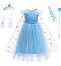 Elsa From Frozen, Girls Costume. Dress, Ponytail, Crown, Wand, Gloves Sz 6 - 7