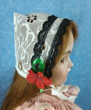 Off-White Lace Doll Bonnet, Blue Ties, to fit a 13" Head