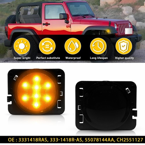 2PCS Front Fender LED Side Marker Light Smoke Lens for Jeep 2007-18 Wrangler JK