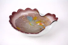 Vintage Murano Italy Multi Color Purple Scalloped Art Glass Bowl Aventurine 9.5"