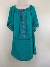 Xhilaration Womens Green Dress Tunic Top Embroidered Romantic Boho Beach Size M 