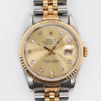 1990's Rolex 16233G Datejust 36mm Steel 18K Yellow Gold Diamond