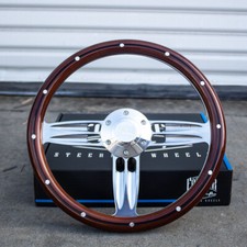 14 Inch Polished Wood Steering Wheel With Billet Horn - 6 Hole C10 Camaro 14 Inch Polished Wood Steering Wheel With Billet Horn - 6 Hole C10 Camaro