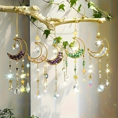 Natural Amethyst Moon Sun Catcher For Cozy Indoor Window Hanging Decor Ornament