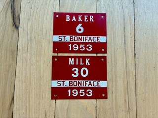 2 St. Boniface Manitoba Canada Municipal License Plates Milk & Baker