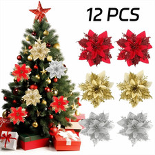 12PCS Artificial Glitter Christmas Flowers with Clip For Xmas Tree Ornament