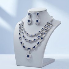 American Diamond Sapphire Blue Silver Plated 3 Layered Necklace With Earrings