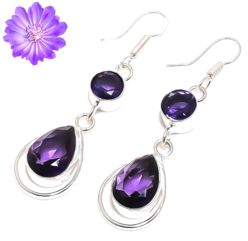 African Amethyst Gemstone Handmade 925 Sterling Silver Jewelry Earrings 1.90" - Image 2 of 4