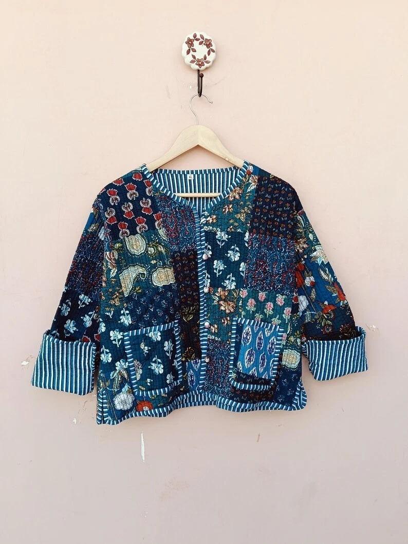 Indian Blue Patchwork Cotton Quilted Unisex Jacket Women's Clothing Jackets US