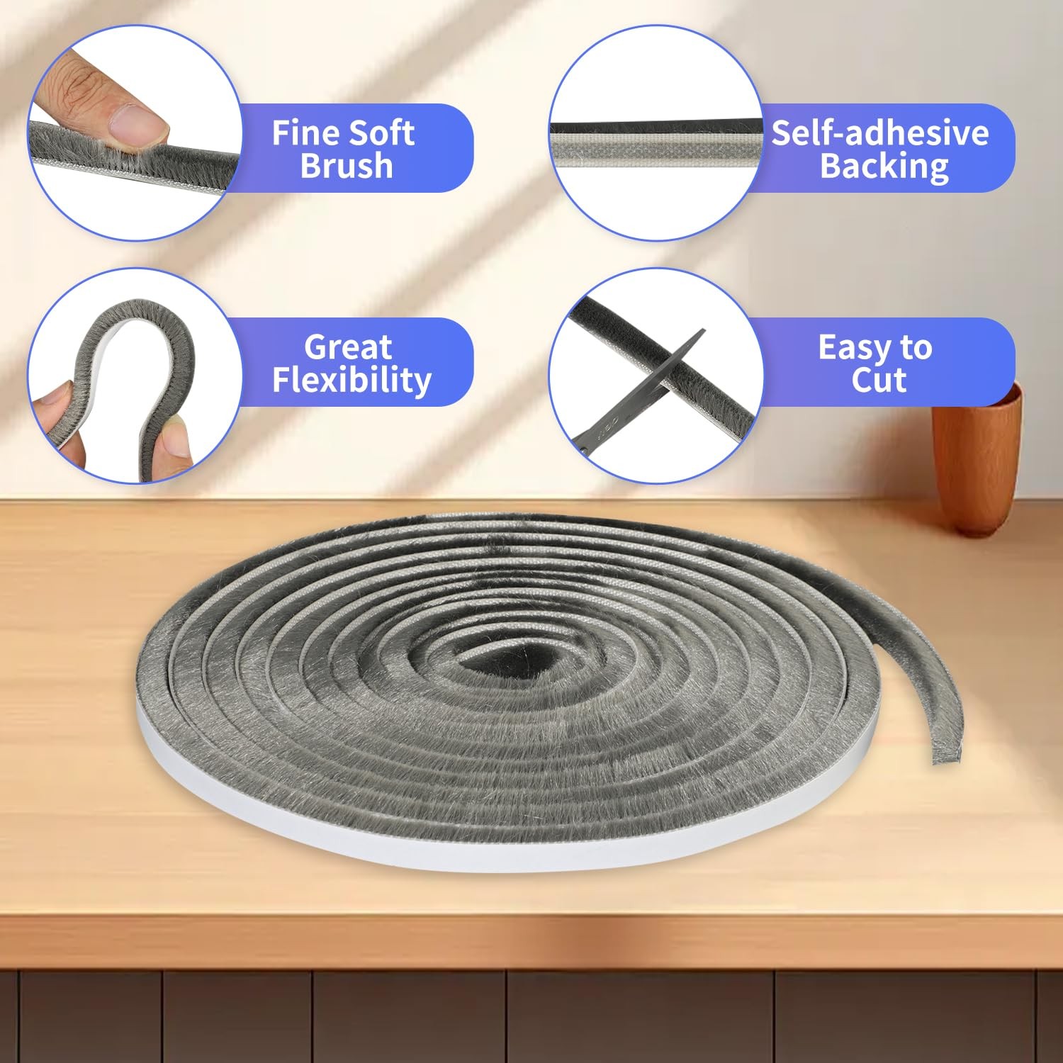 50Ft Self-Adhesive Brush Weather Stripping Door Seal 0.35" Wide x 0.2" Thick ...