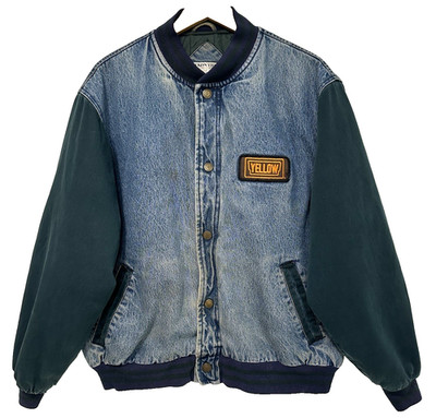 L/XL Vtg 90s Yellow Corp Trucking Distressed Skate Grunge Trucker Denim Jacket