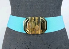 Vintage 80s Stretch Belt Geometric Gold Buckle Light Blue Sz Med 2"x27.5"