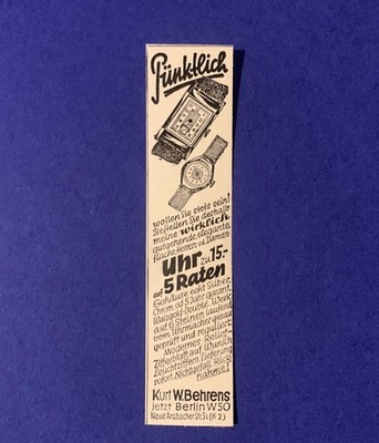 1936 Uhr, Kurt W. Behrens, Berlin, Werbeanzeige, Reklame 30er Jahre
