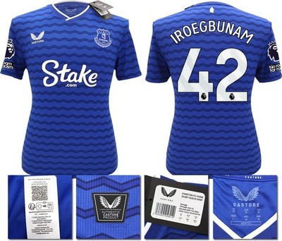 BNWT 2025 2026 EVERTON CASTORE HOME SHIRT IROEGBUNAM 42 + PATCHES SMALL