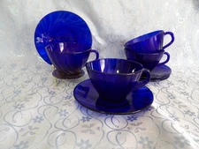 Duralex Vereco Rivage Cobalt Blue Glass Swirl CUP & SAUCER 4 SETS