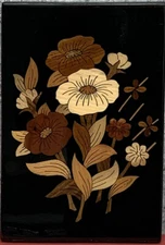 Vintage Multi Wood Inlay Black Lacquer Wall Art Artist Signed  11.5"