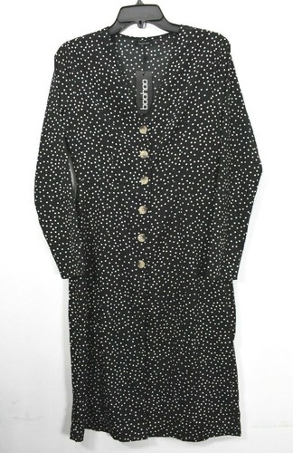 Boohoo Womens Polka Dot V Neck Button Front Long Sleeve Casual Sheath Dress 6