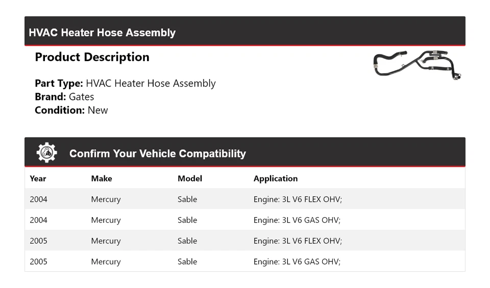 Puertas de montaje de manguera de calefacción de climatización Mercury Sable 2004-2005 Foto 2 de 3
