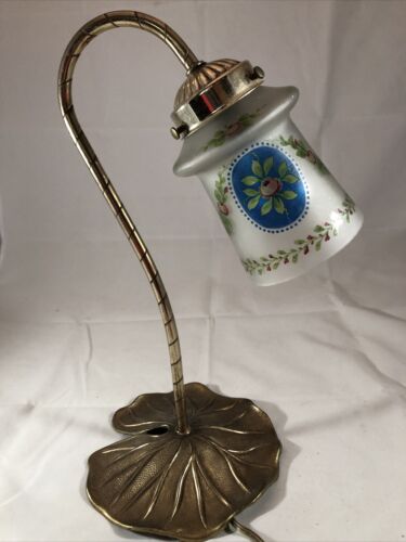 Vintage Metal Gooseneck Desk Lamp Hand Painted Glass Shade Flowers 16.5” - Picture 1 of 12