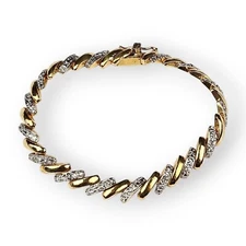 Diamond Sterling Gold Plated Tennis Bracelet Two Tone Chain 925 Silver FAS 7"   