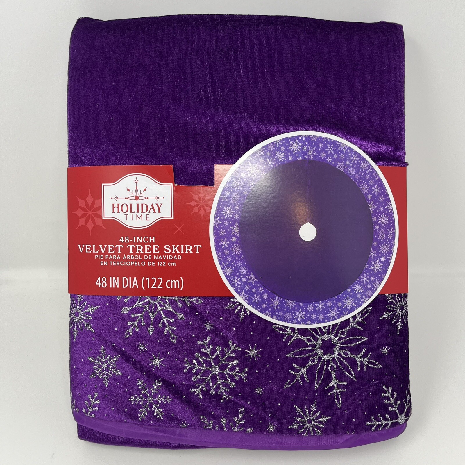 Holiday Time Purple Velvet Tree Skirt Silver Snowflake Edge 48 Inch Christmas