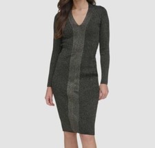 Vince Camuto Women Black Gold V-Neck Knit Sweater Bodycon Dress Size XL