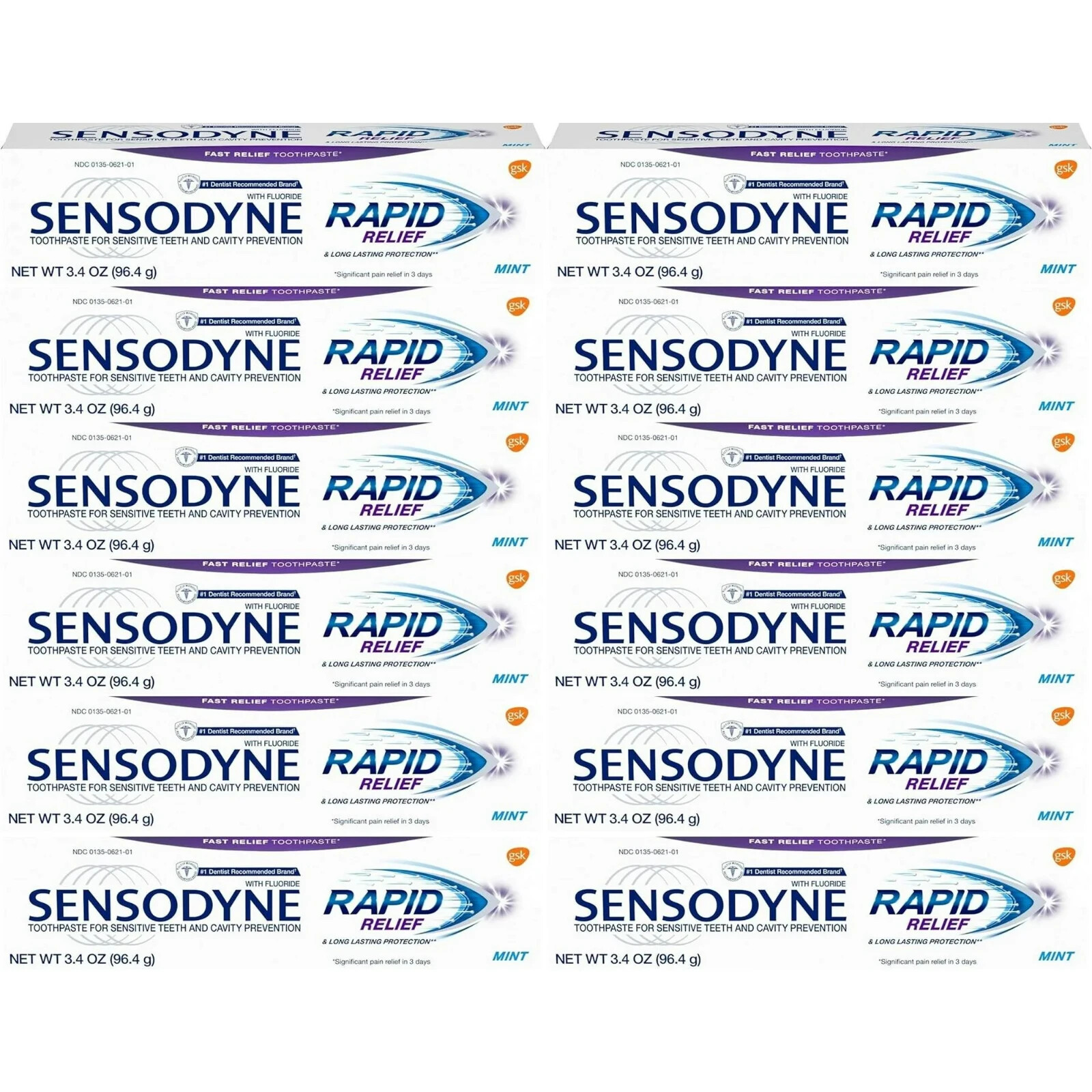 12 Pk Sensodyne Rapid Relief Fluoride Mint Toothpaste, 3.4 O