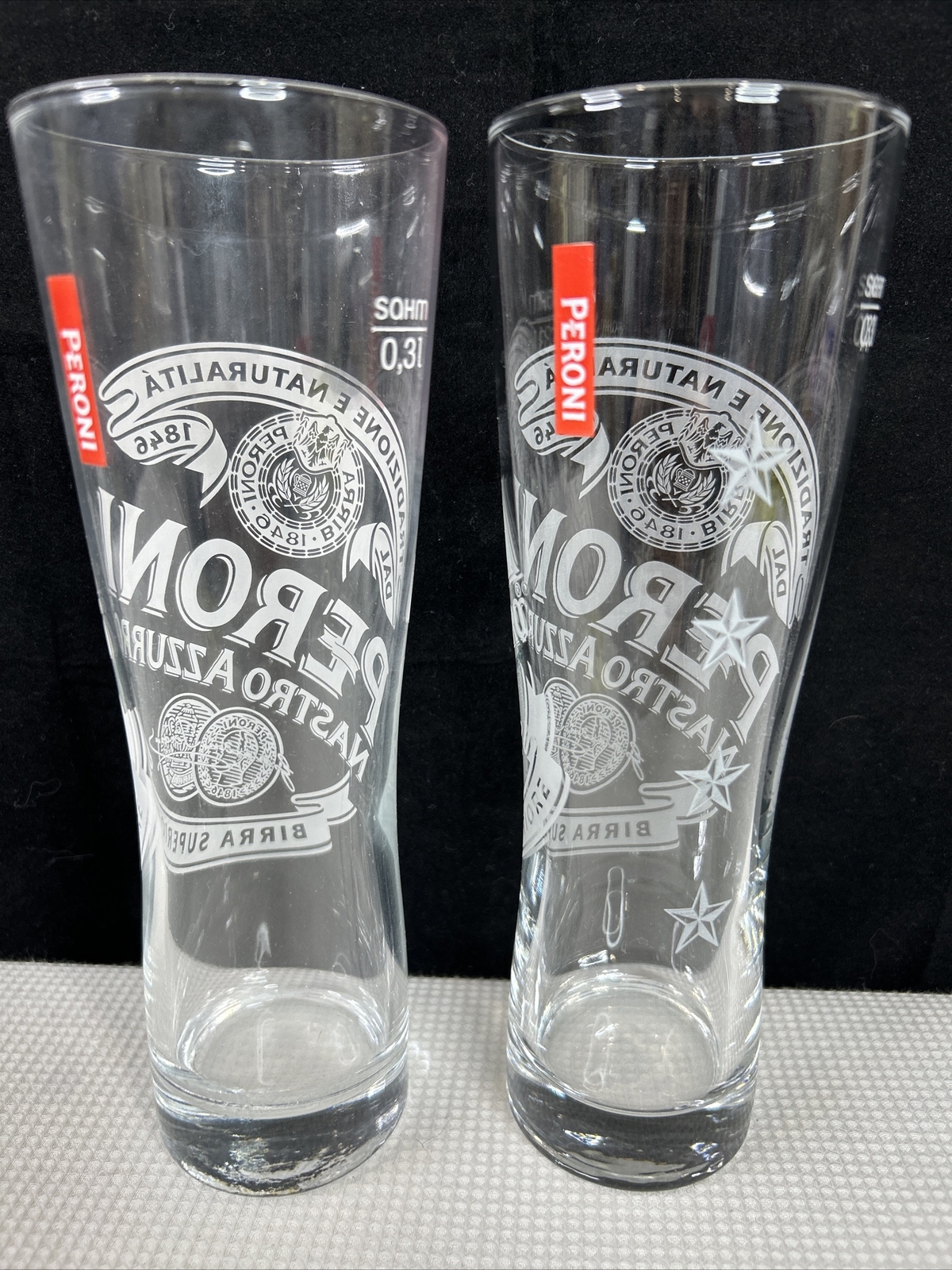 2 Peroni 0.3L Beer Glasses Frosted Nastro Azzurro Signature Italian