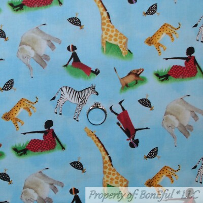 BonEful Fabric FQ Cotton Quilt Blue African Animal Lady Print Giraffe Zebra Dot