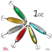 Fish WOW! 1oz Fishing Trolling flutter spoons treble hook Lures spinner Bait lot