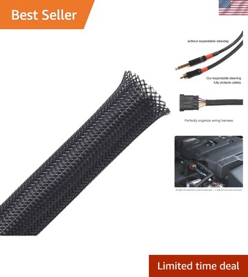 Durable 100ft Black Braided Cable Sleeve   1/2 inch PET Expandable Design