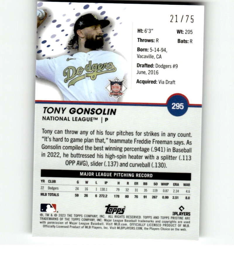 2023 Topps Pristine Blue Refractor #295 Tony Gonsolin /75 Dodgers - Image 2 of 2