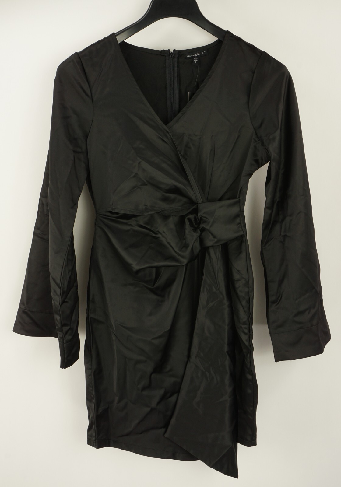 New Ever After Women's S Long Sleeve Black Satin Faux Wrap Tie Waist Mini Dress