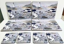 Maureen M BONFIELD Placemats x 4 Table Mats + Coasters Cork Backed Seaside Boats