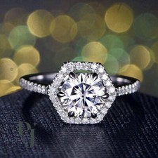 Moissanite Halo Engagement Ring Solid 14K White Gold 2.30 CT Excellent Round Cut