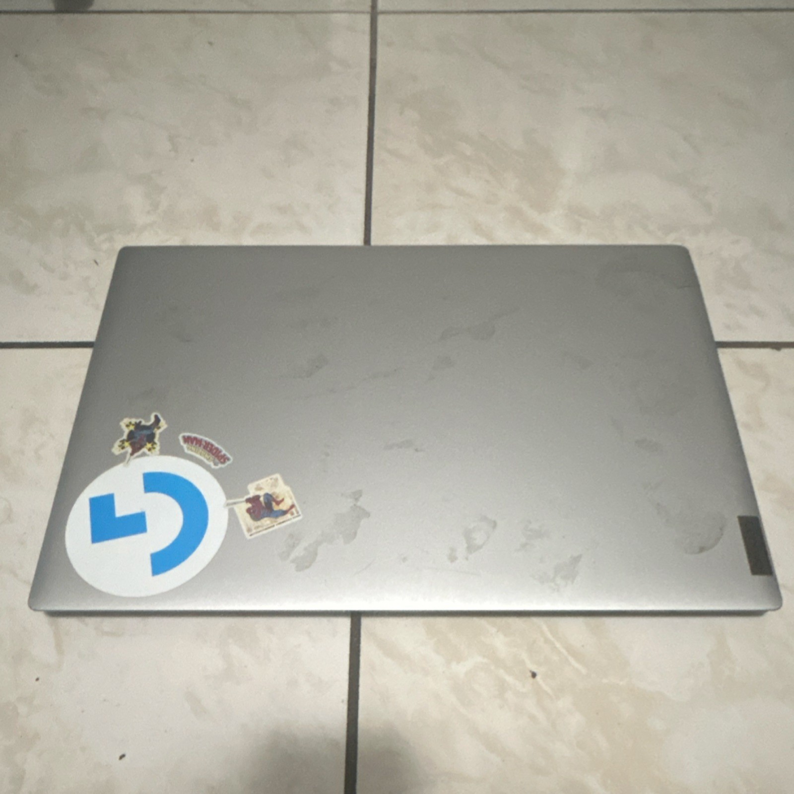 Lenovo Silver Laptop with Stickers, Full Keyboard & Touchpad