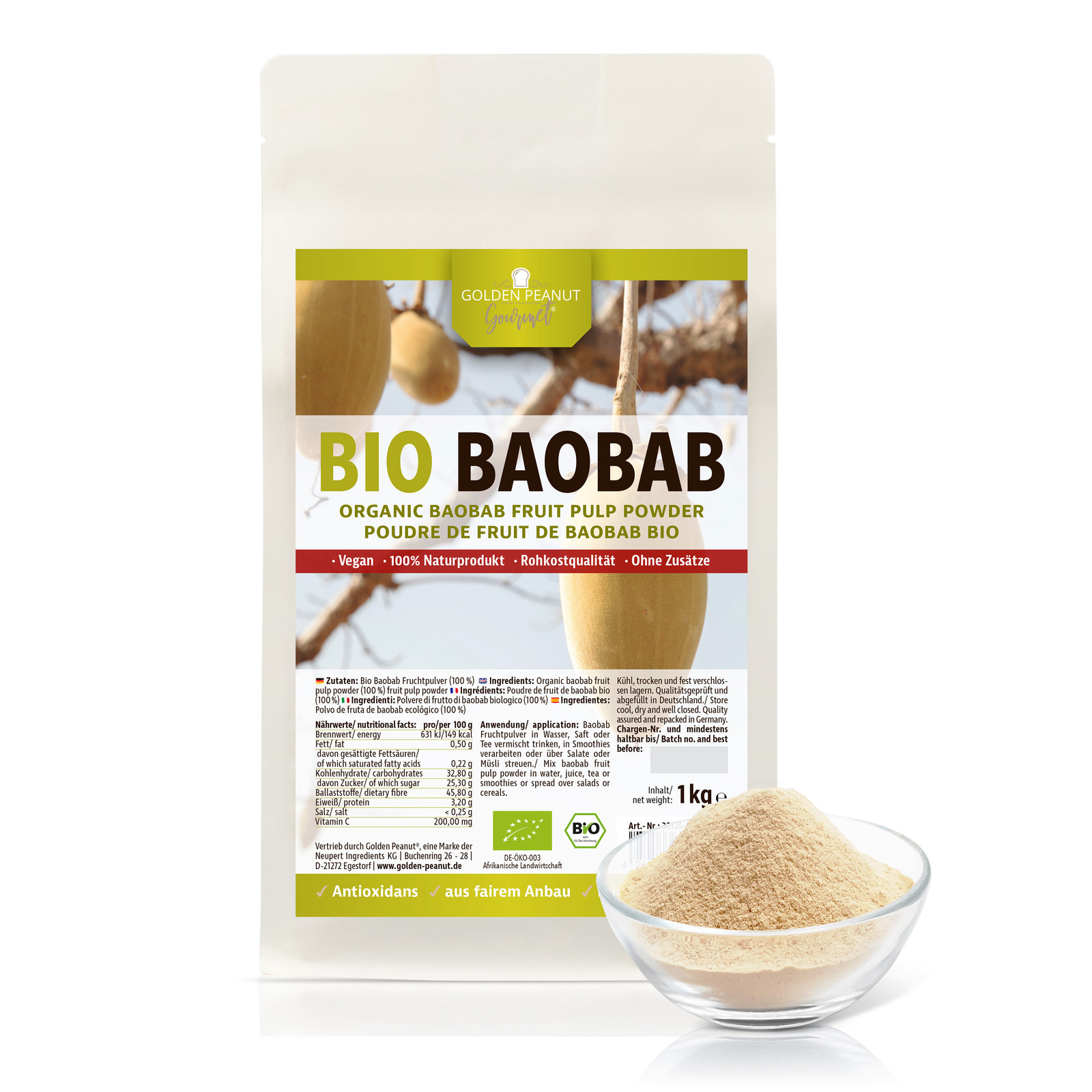 Baobab orgánico 1 kg polvo de fruta 100% puro árbol de pan de mono vitaminas comida cruda DE-ECO-003