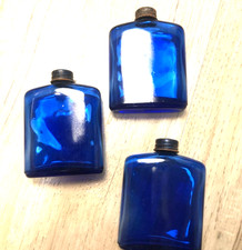 3 Vintage Cobalt Blue Glass Medicine USA Apothecary Bottles Signed "M" Caps Work