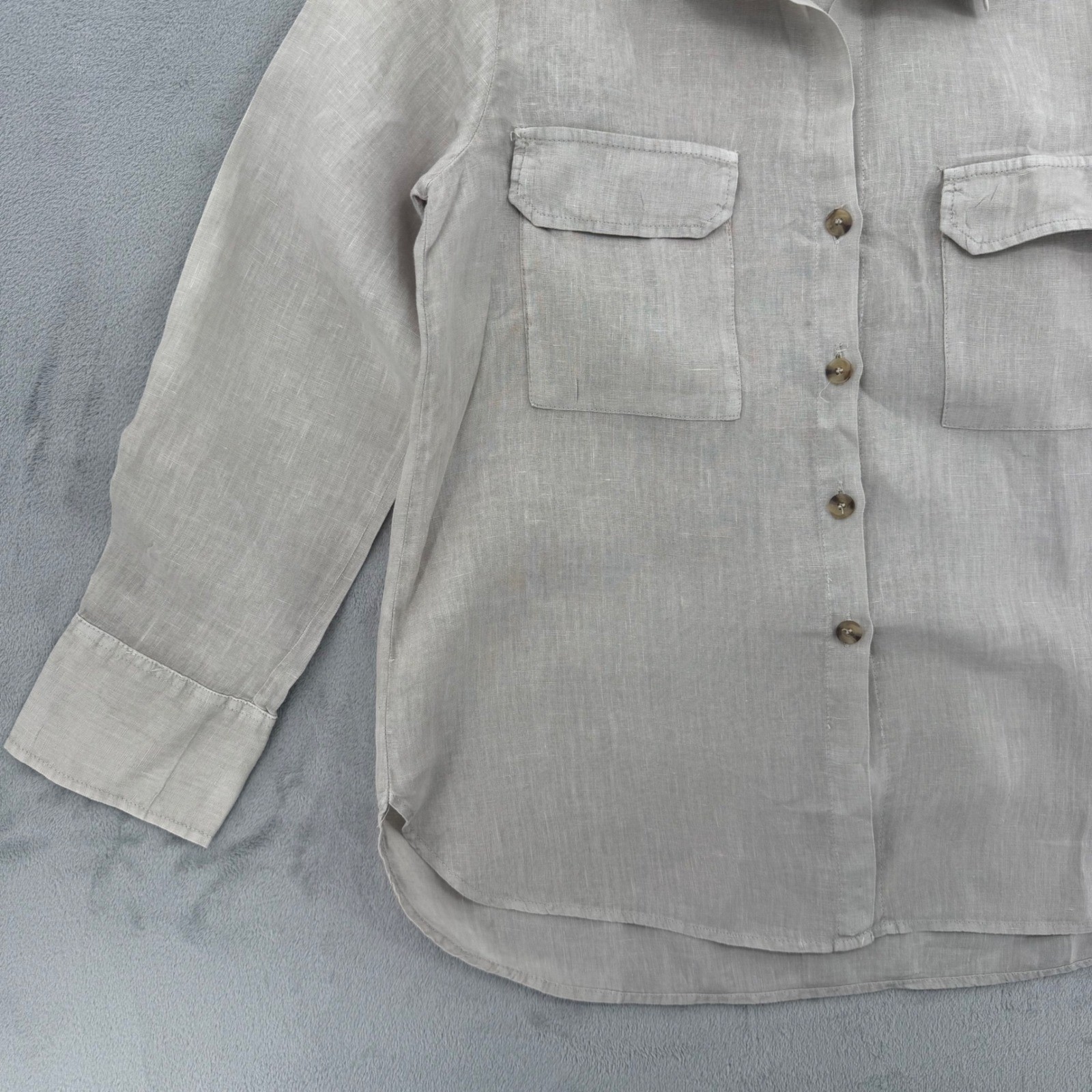 Zara Woman 100% Linen Beige Button Down Shirt Long Sleeve Pocket Top Size M thumbnail 5