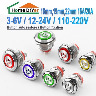 16-22mm Push Button LED Power Symbol Metal Switch Momentary Latching With wires