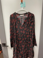 Ladies Loft Black/Red Floral Knee Length Long Sleeve Sheath Dress - Size M
