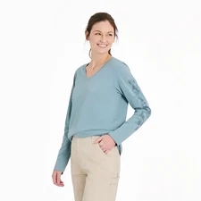 Life is Good. Women's Blossom Branches Long Sleeve Crusher-LITE Vee, Smoky Blue