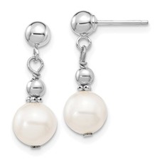 14k White Gold 7-8mm White Freshwater Cultured Pearl Post Drop  Dangle Earrings