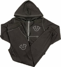 True Religion Men's Black Hoodie  Pants Tracksuit Set Logo Accent Zip Closure S