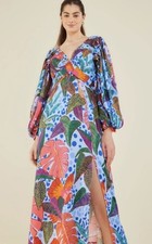 NWT Farm Rio Dotted Forest Slit Midi Dress Blue Floral Tropical Long Sleeve M