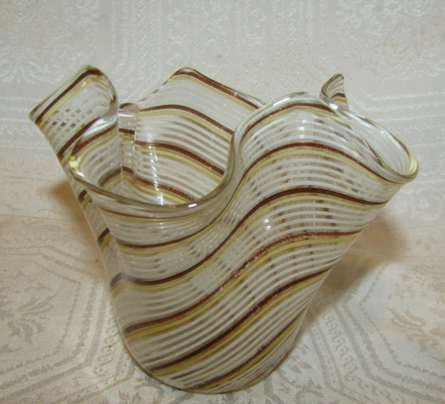 Murano Ribbon Handkerchief Italian Art Glass Vase MCM Vintage W/ Pontil Gold